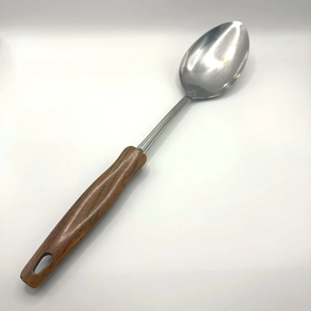 Vintage Ekco Stainless Steel Serving Spoon Faux Wood‎ Grain Handle Made in USA